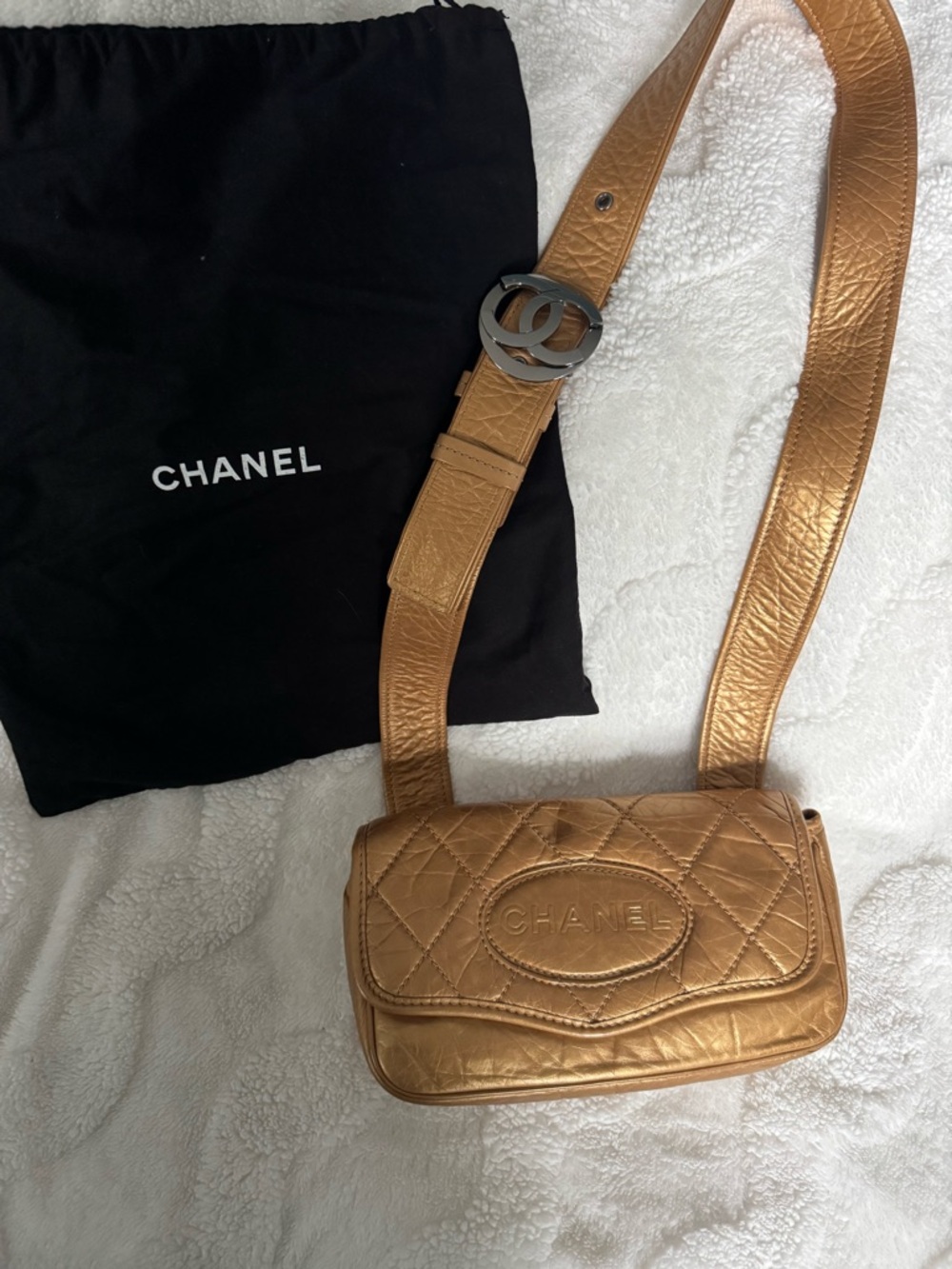 CHANEL Gold Quilted Crossbody Belt Bag with Logo Buckle